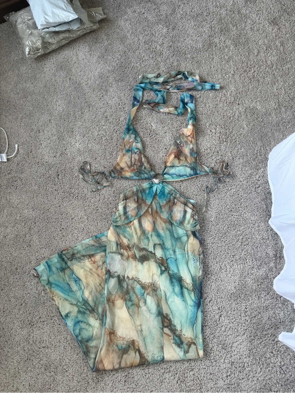Missguided Teal and Beige Marble Halter Dress
